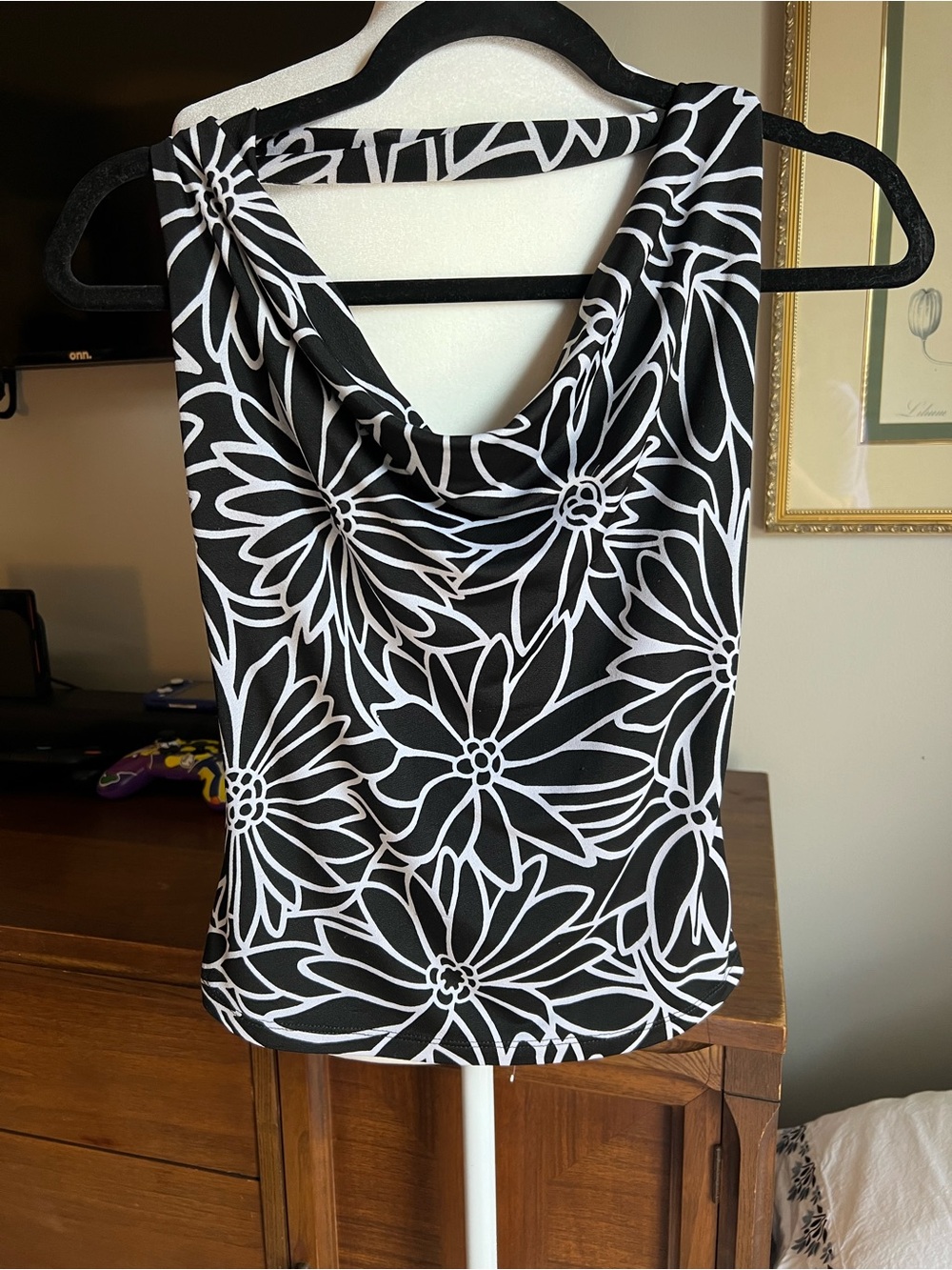 koi Black and White Floral Cowl Neck Camisole
